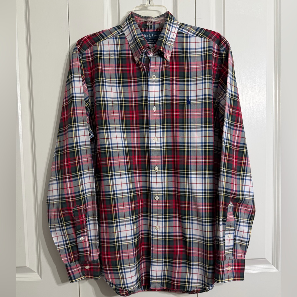 Ralph Lauren Men's Plaid Button-Down Shirt In Red, Green & Blue Size M